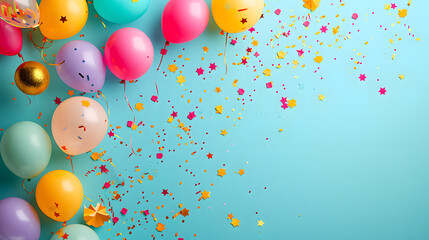 A colorful burst of celebration and joy, as vibrant balloons and confetti fill the air, adding a touch of whimsy to any party supply