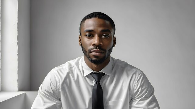 Serious young man with a beard in a white shirt and black tie sitting on a white background