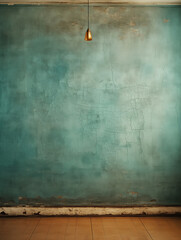 Shabby interior of an empty room with grungy green wall, wooden floor, and copper ceiling lamp. Cracked old surface with peeling paint texture. Architectural background. Copy space.