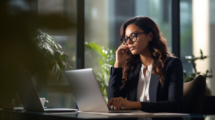 Concentrated Female Executive Working on Laptop in Corporate Office Setting at Dusk
