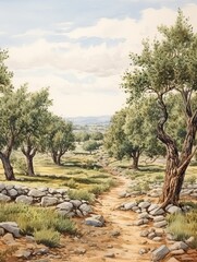 Fototapeta na wymiar Rustic Olive Groves Vintage Art Print - Countryside Olive Trees Nature Artwork