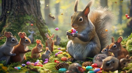 In a forest clearing a group of woodland creatures gather to watch a skilled squirrel juggle an array of vibrant jellybeans with its tiny paws