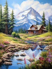 Secluded Mountain Cabins Beach - Painting of Lake Cabin at a Lakeside Retreat