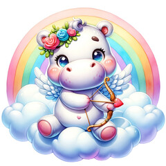 Cute Cupid Hippopotamus with Rainbow Cloud Clipart on Transparent Background. Cute Cupid Valentine's Day Clipart.