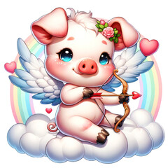 Cute Cupid Pig with Rainbow Cloud Clipart on Transparent Background. Cute Cupid Valentine's Day Clipart.