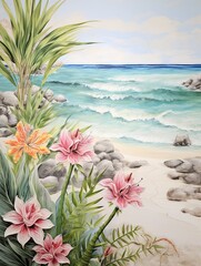 Fototapeta na wymiar Serendipitous Island Beaches: Botanical Coastal Flora Wall Art near Sandy Stretches
