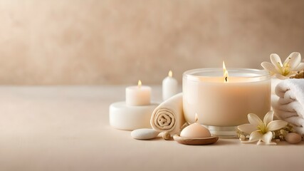 Obraz na płótnie Canvas Towel, stones, candles on a beige background with copy space. Beige background for spa presentation. Relaxing mood. 
