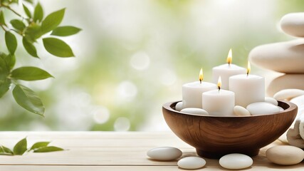 Obraz na płótnie Canvas Wooden bowl, candlestick filled with candles and smooth stones on a wooden table with stones on a blurred green background with plants. Natural green and white relaxing background for SPA. 