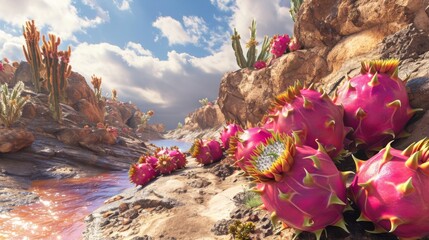 A group of exhausted desert travelers stumble upon the oasis only to find that the dragon fruit cacti are actually giant friendly creatures offering them a muchneeded fruit - obrazy, fototapety, plakaty