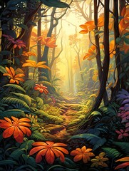 Fototapeta na wymiar Autumn Rainforest Canopy: Serene Jungle Seasonal Change Painting