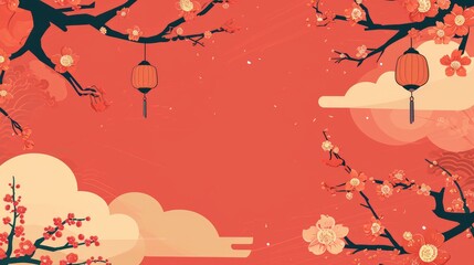 Chinese New Year background with cherry blossom and paper lanterns.