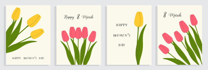 International Women's day greeting cards set. March 8 holiday banner, poster, flyer, invitation with hand drawn tulips. 