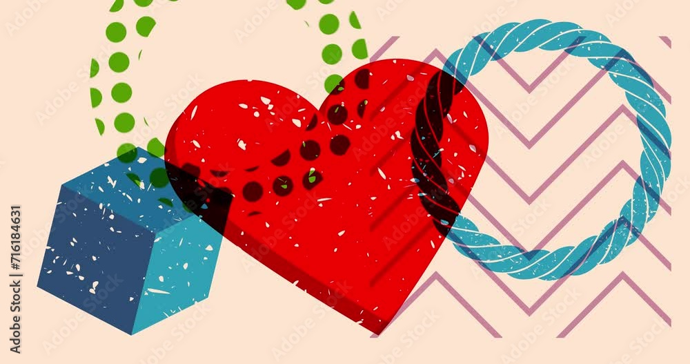 Poster risograph red heart with geometric shapes animation. moving object in trendy riso graph design video
