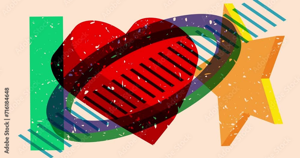 Poster risograph red heart with geometric shapes animation. moving object in trendy riso graph design video