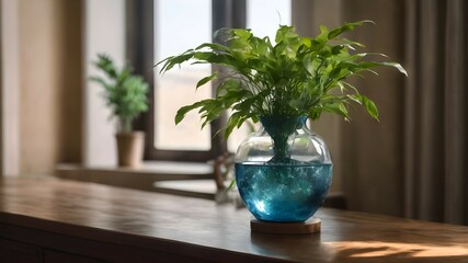 A plant in a glass vase filled with water, the roots of the plant are immersed in water. Transparent vase with plant on wooden table.