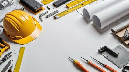 Helmet, ruler, drawing paper and construction tools on a white background with copy space. Construction, engineering background