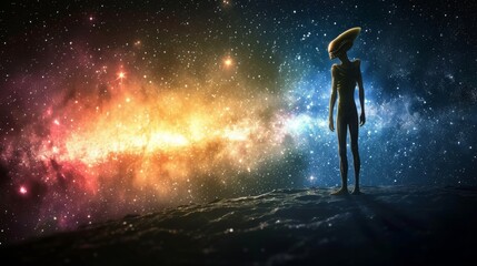 Fototapeta na wymiar Alien Figure Contemplating Galaxy - Sci-Fi Fantasy Space Illustration