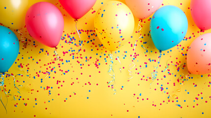 A vibrant burst of joy and celebration fills the air as a collection of colorful balloons and confetti adorns the party supplies