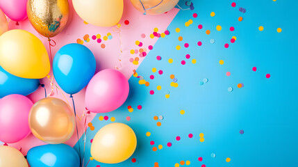 A festive easter celebration with vibrant balloons and confetti against a cheerful blue and pink backdrop