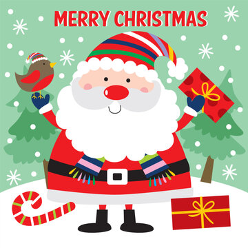 Christmas card with Cute Santa Claus and Gifts