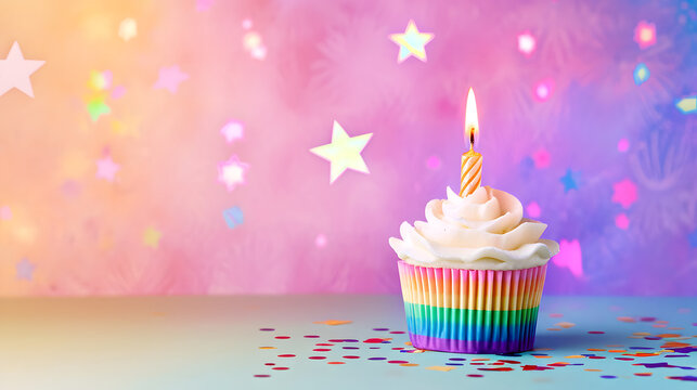 An irresistible birthday treat, a cupcake adorned with creamy icing, a flickering candle, and colorful sprinkles, exuding sweetness and celebration