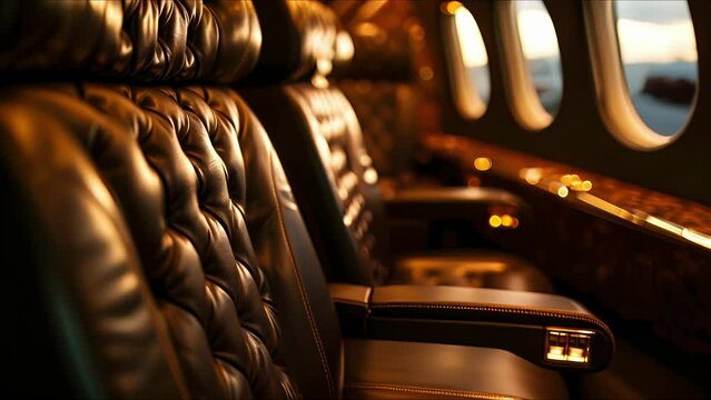 The perfectly coordinated stitching on these leather seats is just one of the many impeccable details that make this private jet a true standout in the world of luxury travel, with a backdrop