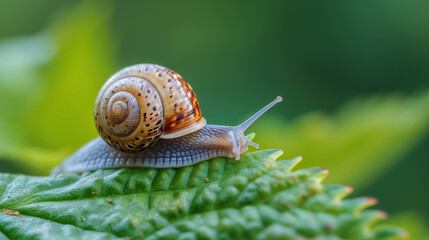 A solitary snail gliding on a green leaf.
