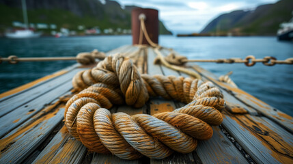 Coiled rope on a wooden boat deck.
