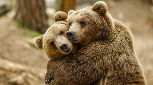 Two bears hugging in a tender embrace.