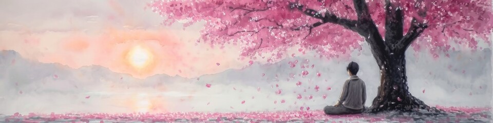 Buddha Under Cherry Blossom Tree - Serene Spiritual Wallpaper