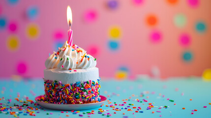 A colorful birthday cake, adorned with sugary icing and sprinkles, sits on a decorative cake stand, its single candle representing the sweetness and celebration of life