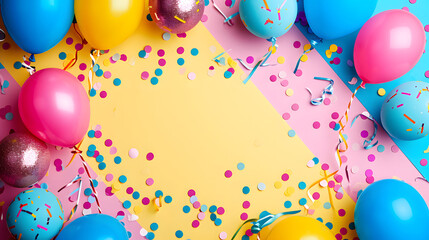 A vibrant celebration awaits as balloons and confetti adorn a cheerful pink and yellow backdrop, creating a whimsical atmosphere for any party supply needs
