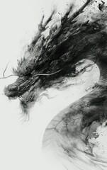 ancient dragon in traditional Chinese black ink style, with exaggerated perspective for a breathtaking shot