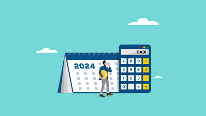 annual income tax filing, Doing taxes accounting and annual financial paperwork, tax form or annual notification of monthly duty and debt, businessman standing near a big calculator tax and calender - obrazy, fototapety, plakaty