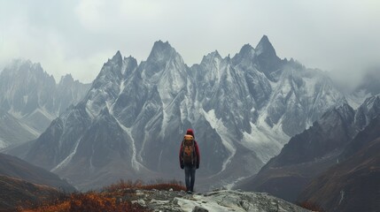 Adventurous man enjoying mountain hiking solo traveling outdoor active vacations traveler backpackin.