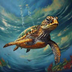 Fototapeta premium Digital painting of A Turtle Swimming In The Water, View of nice sea turtle flying down to the ocean 