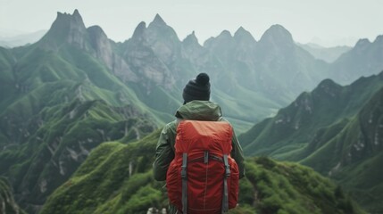 Fototapeta na wymiar Adventurous man enjoying mountain hiking solo traveling outdoor active vacations traveler backpackin.