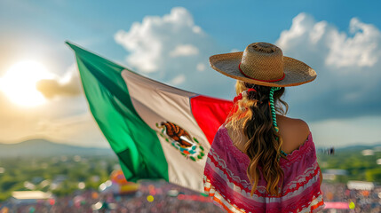 Mexican woman celebrating independence day in Mexico, holding a flag of Mexico - obrazy, fototapety, plakaty