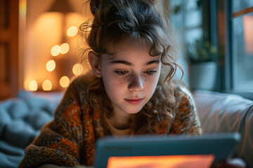 A young girl engrossed in reading on a tablet, with warm backlit lighting creating a cozy atmosphere.