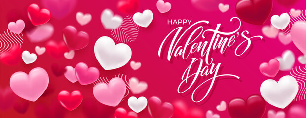 Fototapeta na wymiar Happy Valentine's Day hand lettering vector. With a beautiful background of 3D hearts. Vector illustration. Text for a card or invitation.