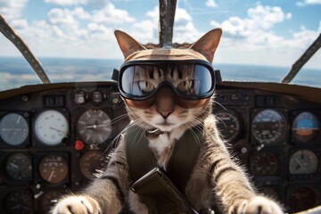 Cat piloting an airplane. 