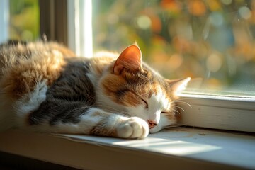 Cat sleeping in the sun on a window ledge. 