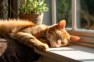 Cat sleeping in the sun on a window ledge. 