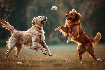 Dogs playing with a baseball in a park.  - obrazy, fototapety, plakaty