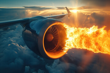 During flight, aircraft engine turbine caught fire due to a faulty part AI Generation - obrazy, fototapety, plakaty