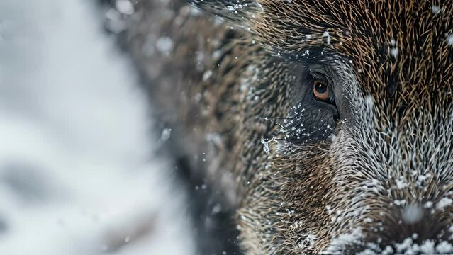 Striking closeup of a wild boars eye piercing through the snowy landscape as it searches for its next meal