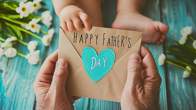Father's Day image, closeup of child handing letter to father