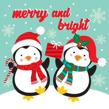 Christmas Card with Cute Penguin and candy cane