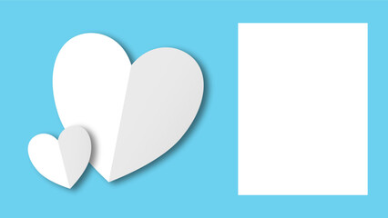 white heart shape paper cut on the light blue pastel background. Space for text. blank zone for fill text or font. valentine day festival.