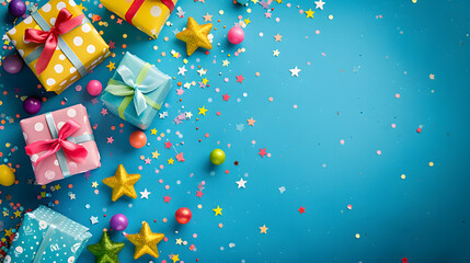 A vibrant and joyful celebration filled with colorful confetti and wrapped gifts, signaling a party supply for a fun and festive occasion - obrazy, fototapety, plakaty